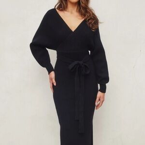 Bluivy Black Ribbed Belted Sweater Dress